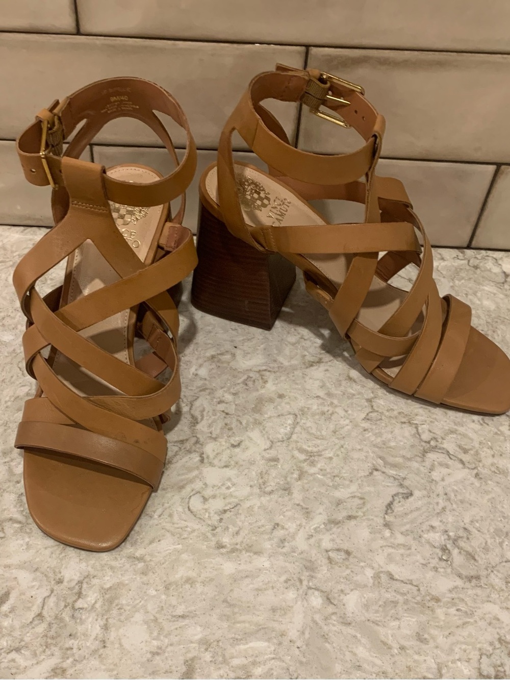 Vince Camuto Tan Leather Strappy Block Heel Sandals